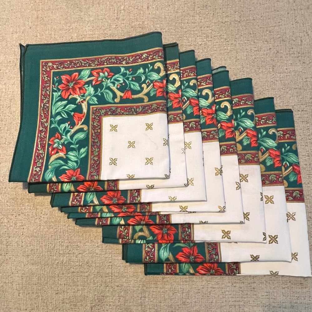 Vintage Christmas Poinsettia Cloth Napkins Set of 8 Green Red Gold Holiday Decor